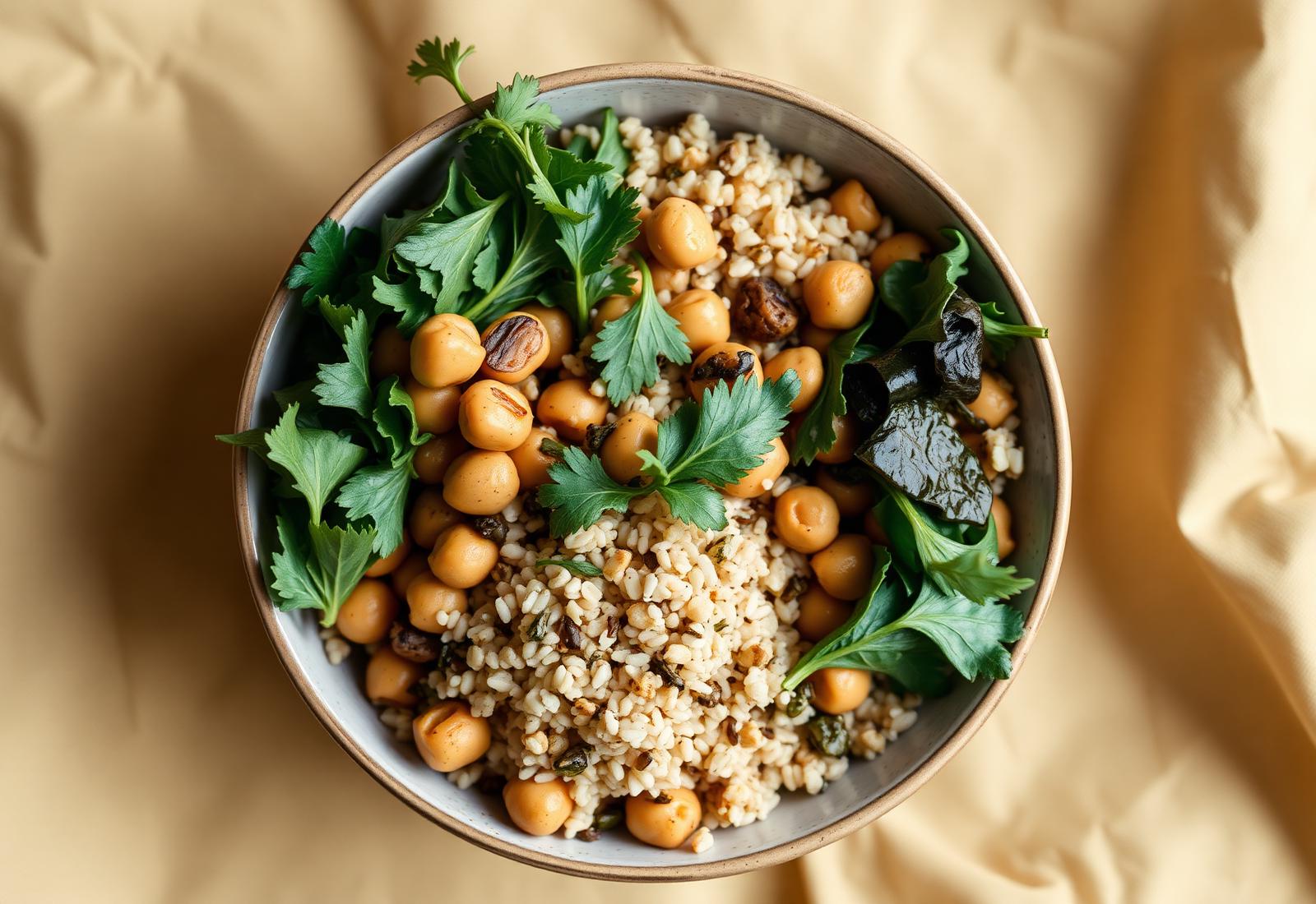 Vegan grain bowl with roasted chickpeas and greens